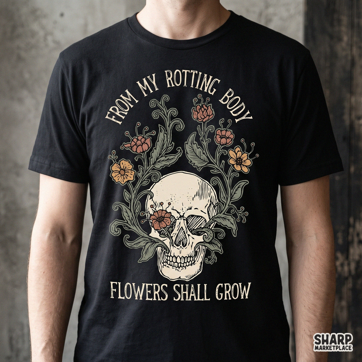 Gothic floral skull PNG art design with flowers growing from a skull for spooky Halloween t-shirts