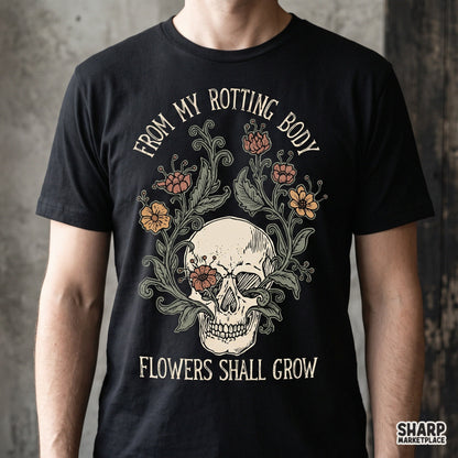 Gothic floral skull PNG art design with flowers growing from a skull for spooky Halloween t-shirts