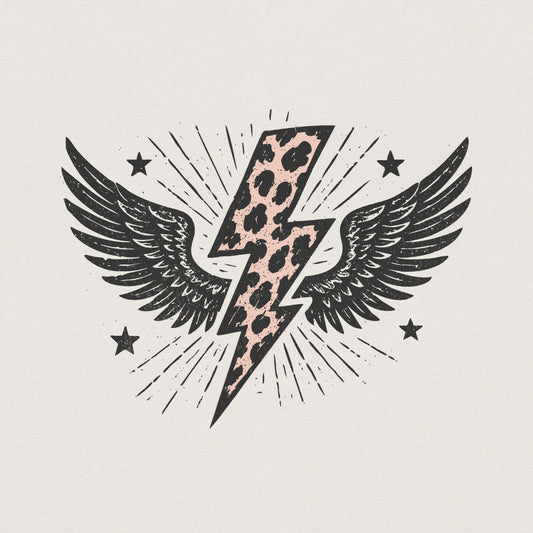 Leopard Print Lightning Bolt PNG, Winged Power Design - 300 DPI Design