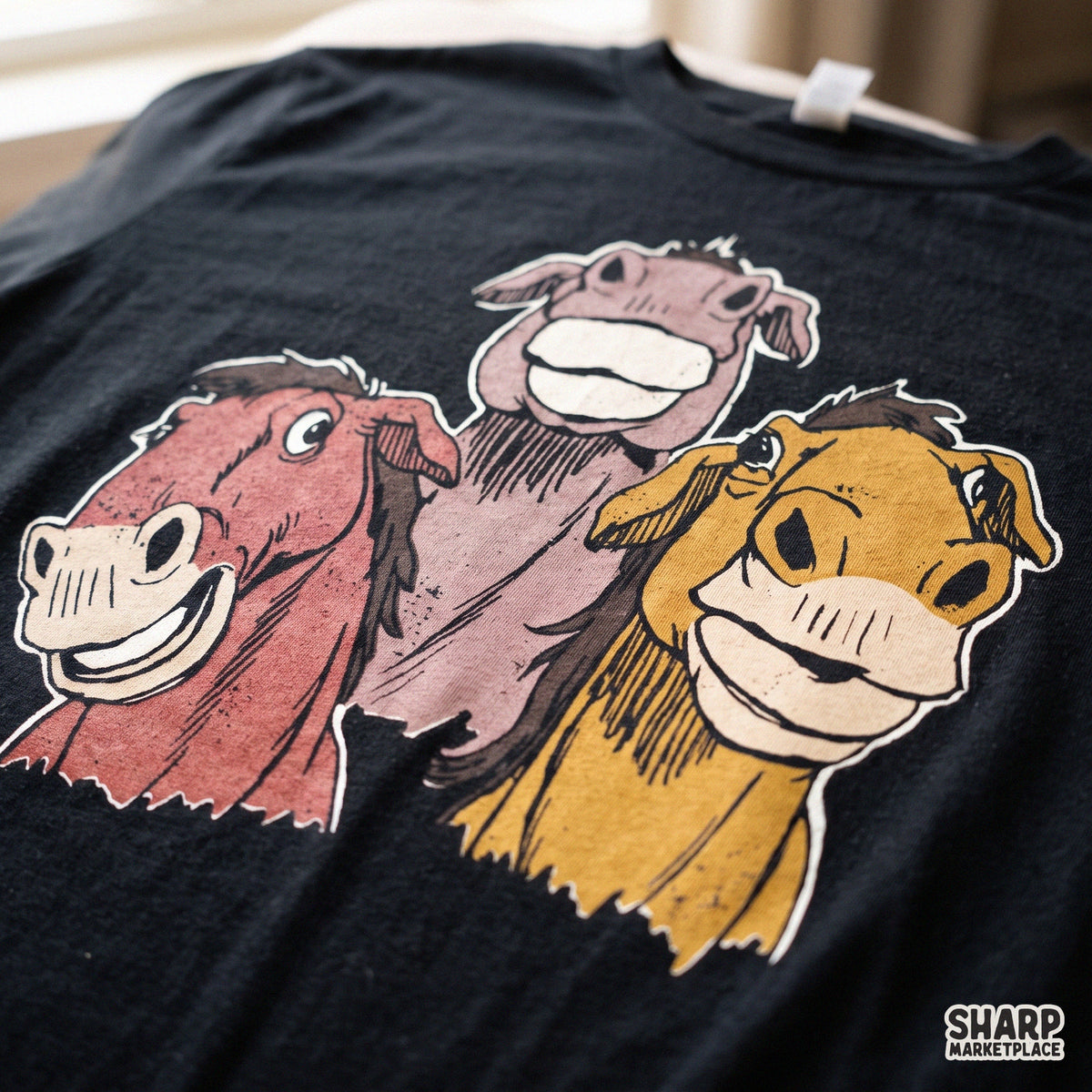 Three silly grinning farm donkeys illustration for western tumbler graphics and funny country humor shirt sublimation