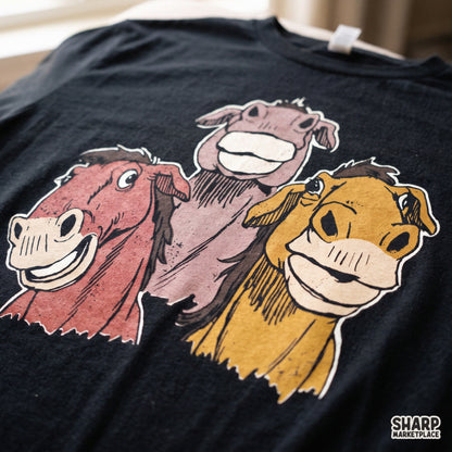 Three silly grinning farm donkeys illustration for western tumbler graphics and funny country humor shirt sublimation