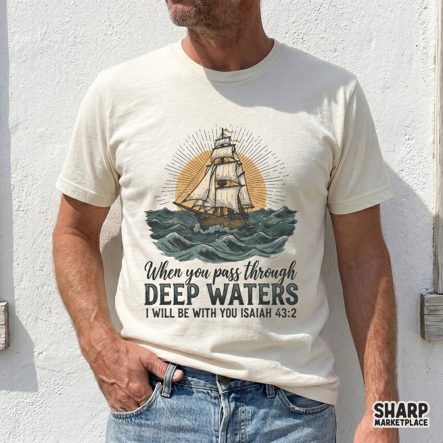 Vintage ship art with Isaiah 43:2 bible verse for Christian faith t-shirt design png