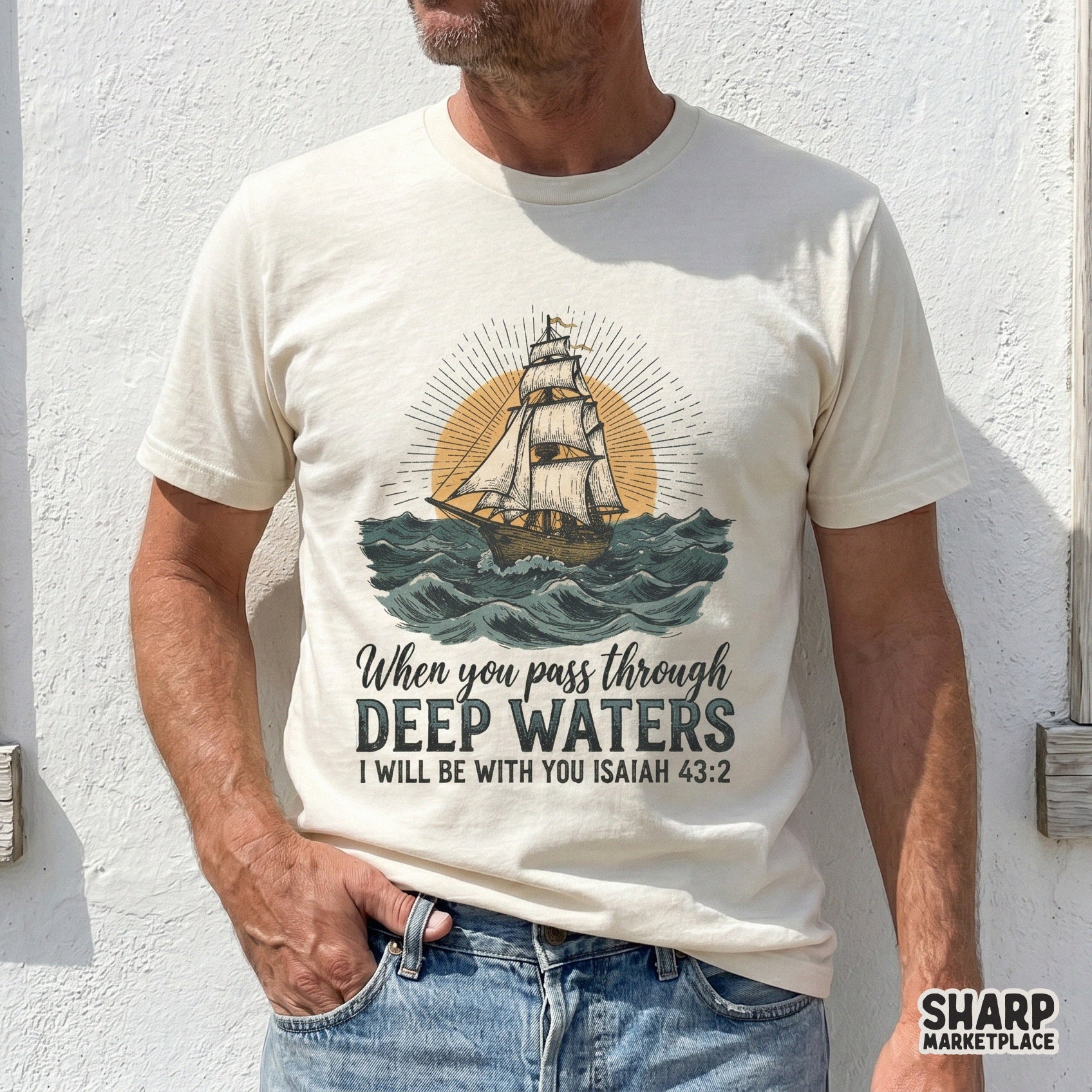 Vintage ship art with Isaiah 43:2 bible verse for Christian faith t-shirt design png