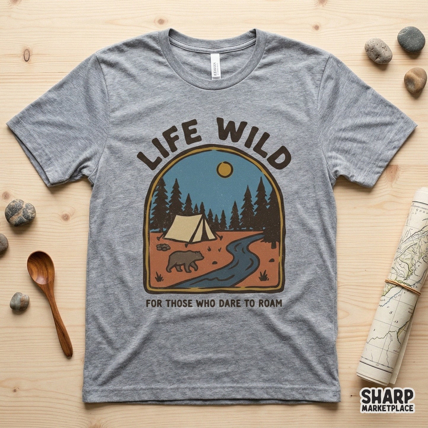 Digital camping illustration with a distressed texture, showing a forest scene under a yellow sun, perfect for sublimation or custom apparel.
