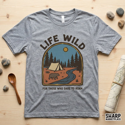 Digital camping illustration with a distressed texture, showing a forest scene under a yellow sun, perfect for sublimation or custom apparel.