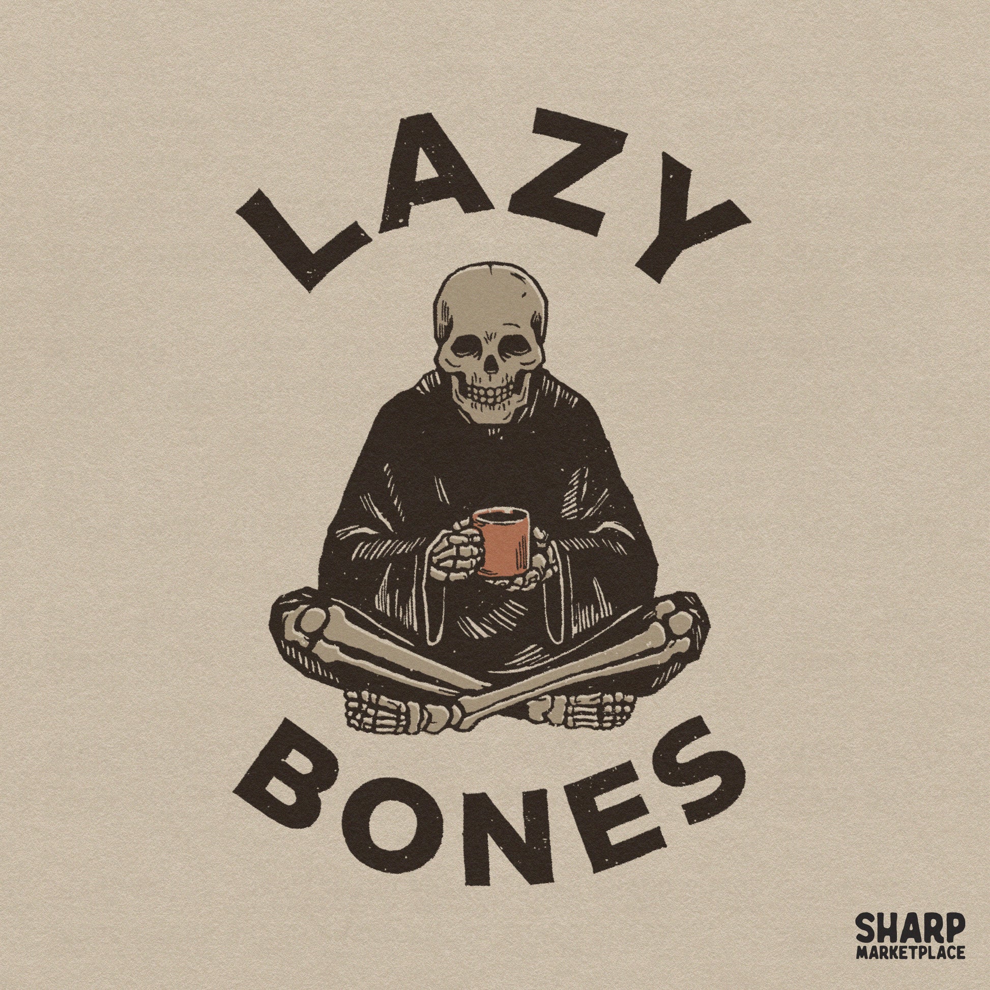 Funny sitting skeleton drinking coffee retro spooky season design for Halloween sublimation and t-shirts