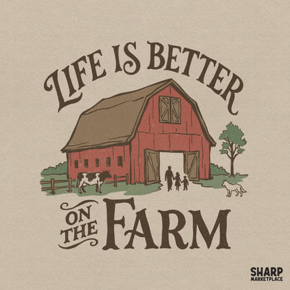 Retro Life Is Better On The Farm design featuring a red barn, grazing cow, and family silhouette with vintage typography for apparel and sublimation.