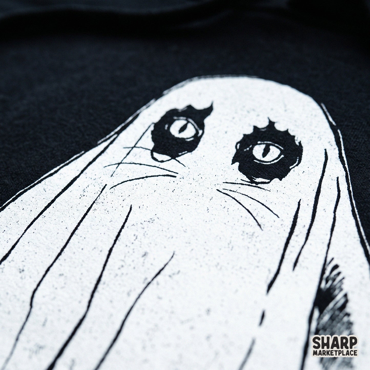 Cute cat wearing a spooky sheet ghost costume vintage illustration for custom Halloween t-shirts and apparel printing