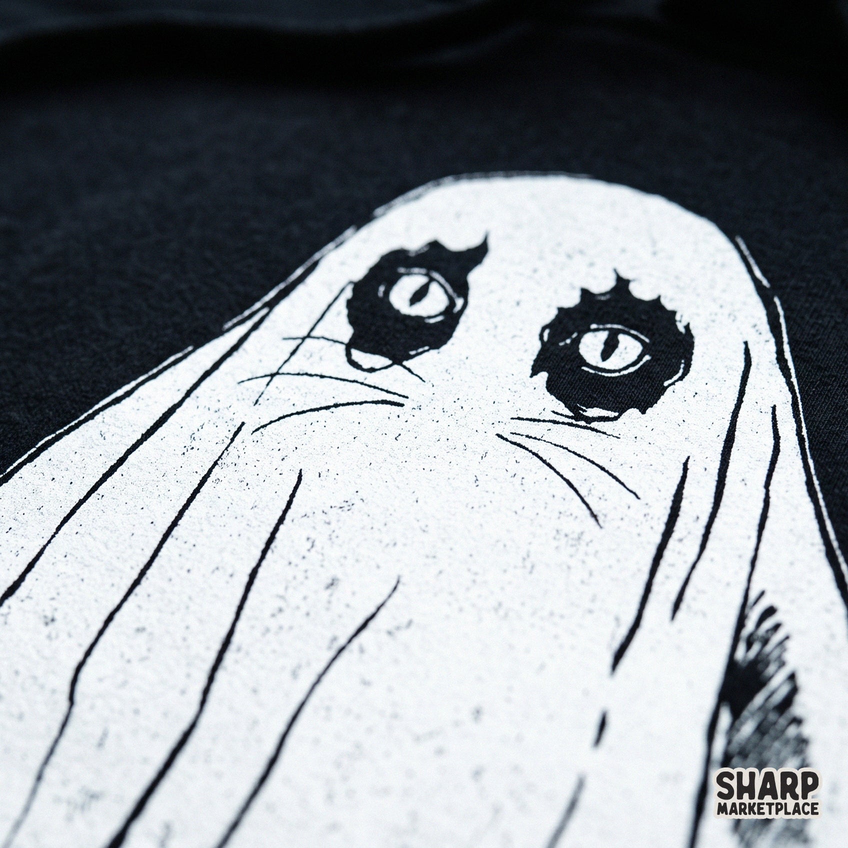 Cute cat wearing a spooky sheet ghost costume vintage illustration for custom Halloween t-shirts and apparel printing