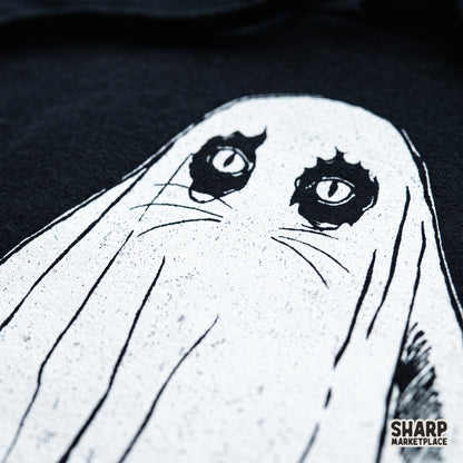Cute cat wearing a spooky sheet ghost costume vintage illustration for custom Halloween t-shirts and apparel printing