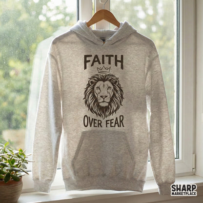Inspirational lion head illustration with a crown and bold Faith Over Fear typography, ideal for DIY stickers, tumblers, and Christian-themed gifts.