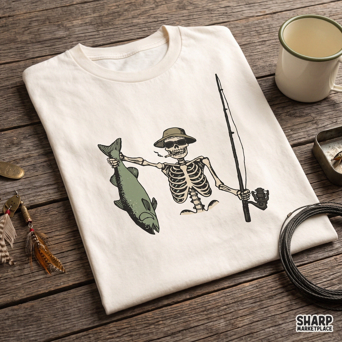 Cool skeleton in bucket hat holding fish and fishing rod PNG for summer fishing shirt sublimation design