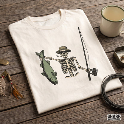 Cool skeleton in bucket hat holding fish and fishing rod PNG for summer fishing shirt sublimation design