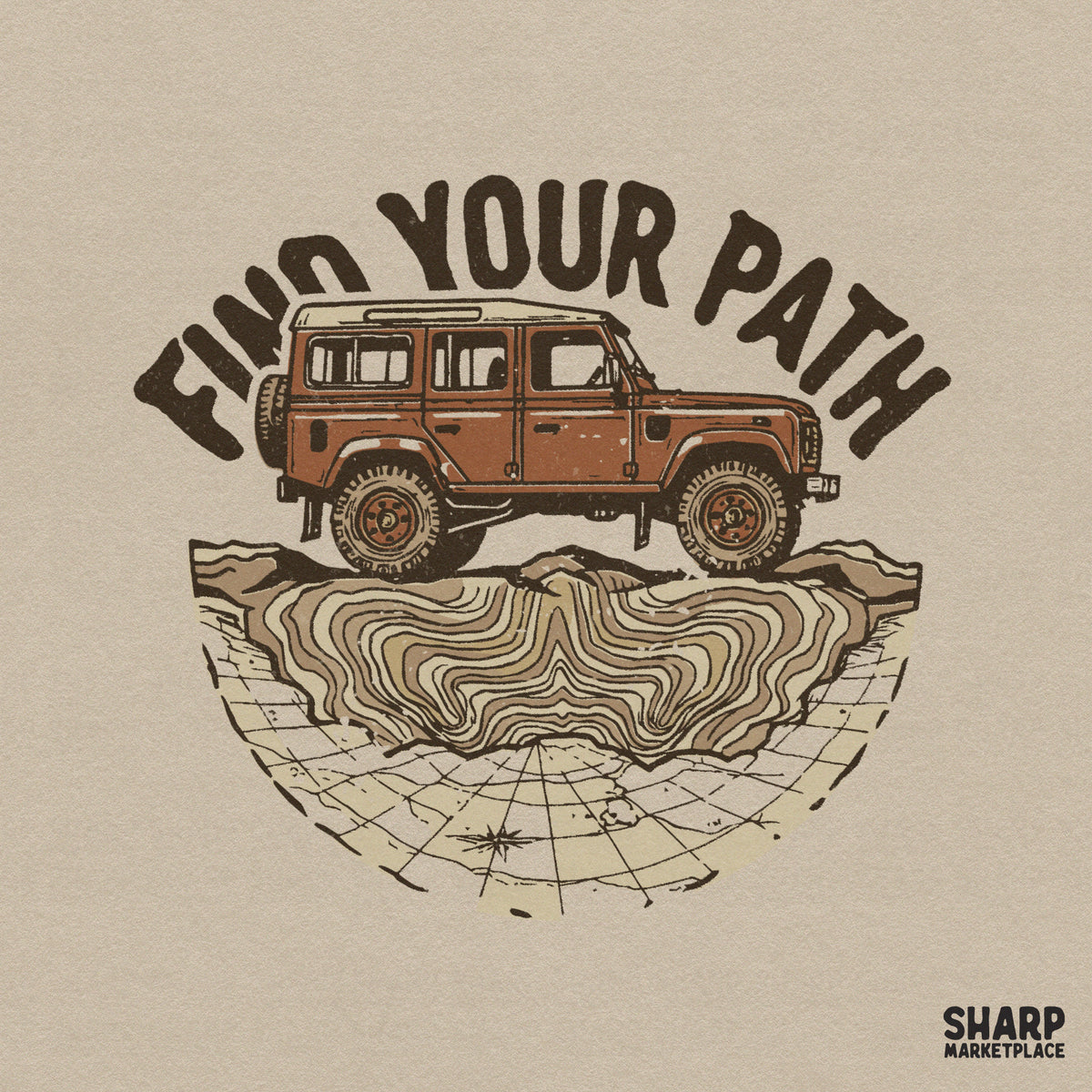 Retro off-road adventure design featuring a rust-brown 4x4 truck over topographic map lines with the arched text Find Your Path in a vintage style.