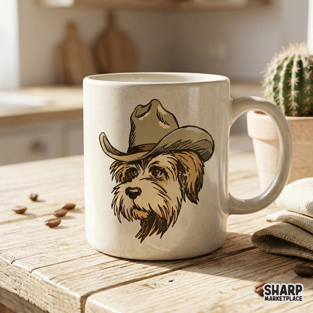 Vintage style cowboy dog portrait in a textured art aesthetic, ideal for custom western-themed t-shirts, printable wall art, and creative craft projects.