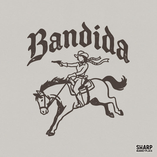 Distressed brown Bandida graphic featuring a cowgirl on a galloping horse with a pistol and flowing scarf, arched western text for sublimation designs.