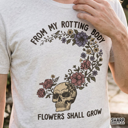 Retro skull with floral details and rotting body quote for spooky Halloween PNG t-shirt sublimation designs
