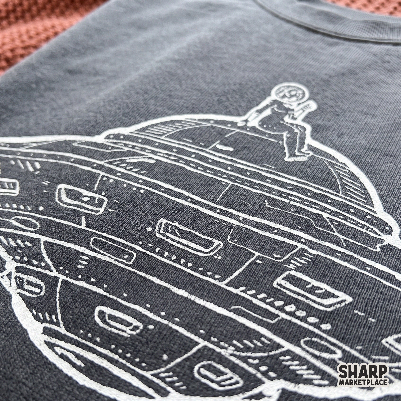 Astronaut chilling on top of a flying saucer UFO, trendy space shirt graphic for sublimation and DTF prints
