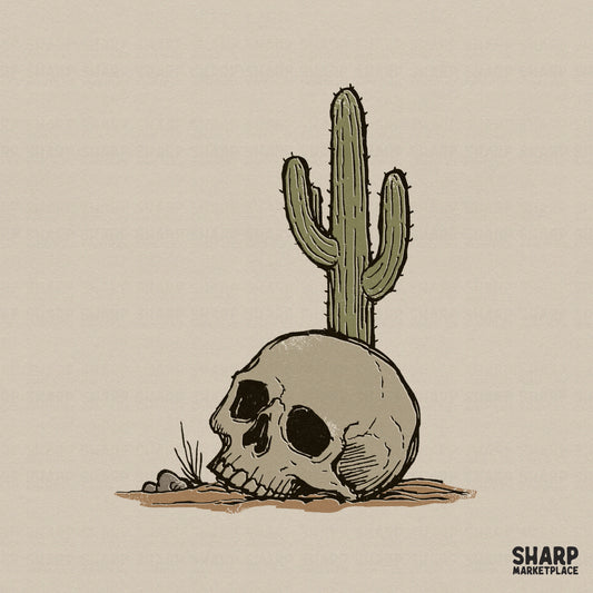 Vintage sketch of a human skull with a saguaro cactus growing from the crown, featuring sage green and bone tan colors for western gothic projects.