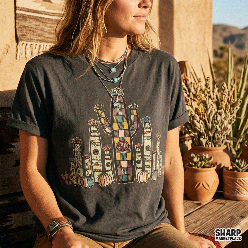 Colorful boho desert cactus garden PNG clipart for retro western sublimation and t-shirt prints
