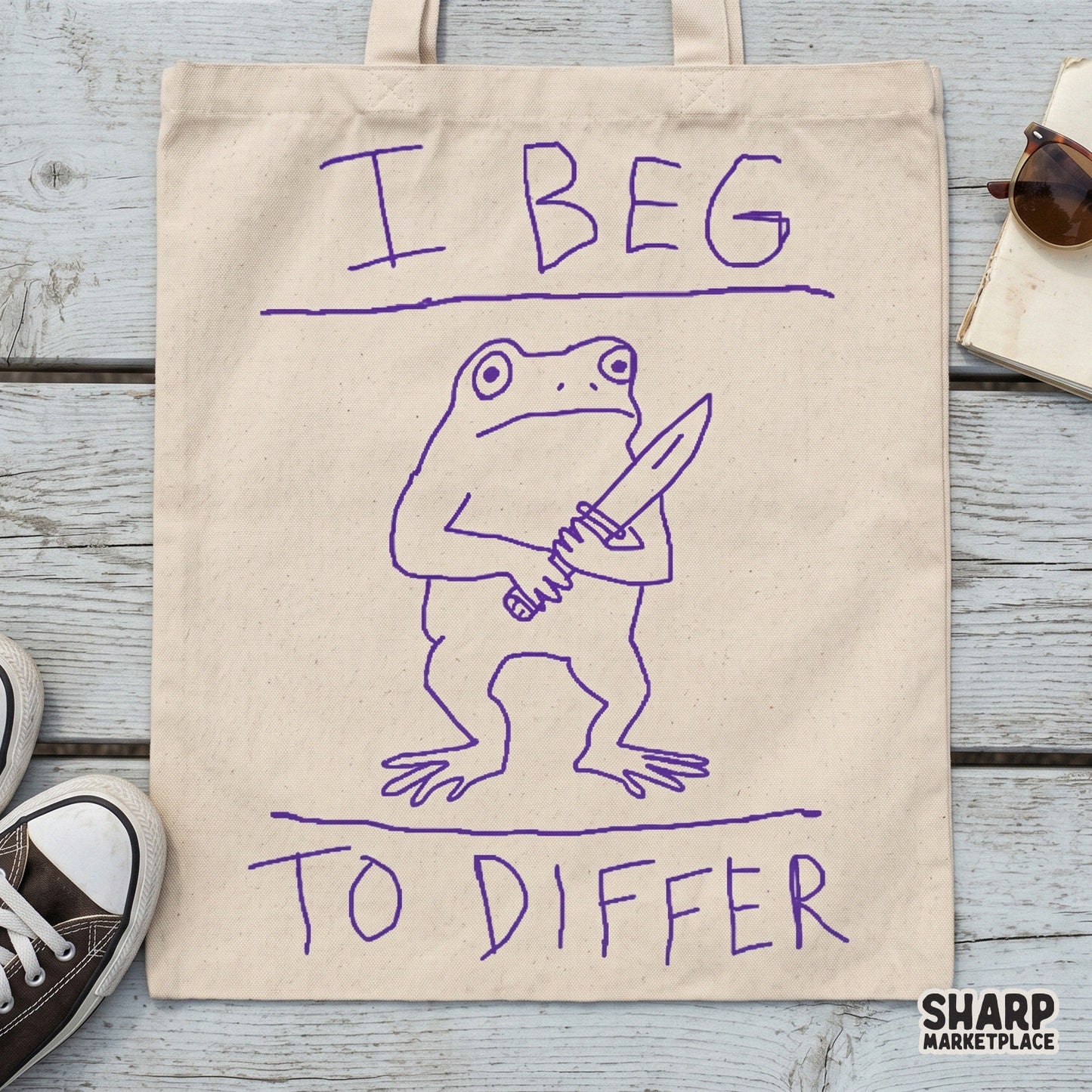 Playful purple line art design of a frog with a knife and the witty text I Beg To Differ, suitable for creating unique tumblers and funny wall art.