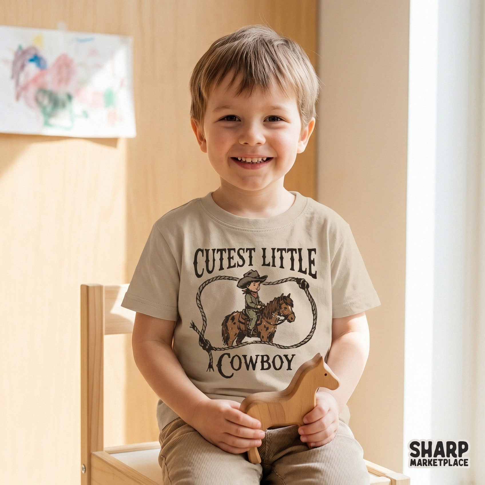 Cute western themed digital art for kids clothing, featuring a little cowboy on a horse with a rustic rope frame and warm brown tones.