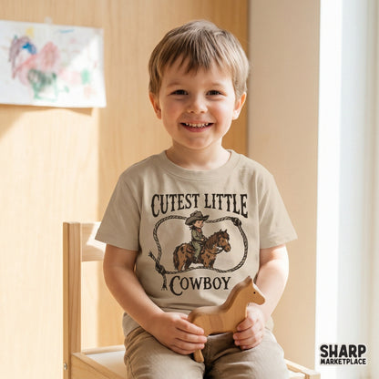 Cute western themed digital art for kids clothing, featuring a little cowboy on a horse with a rustic rope frame and warm brown tones.