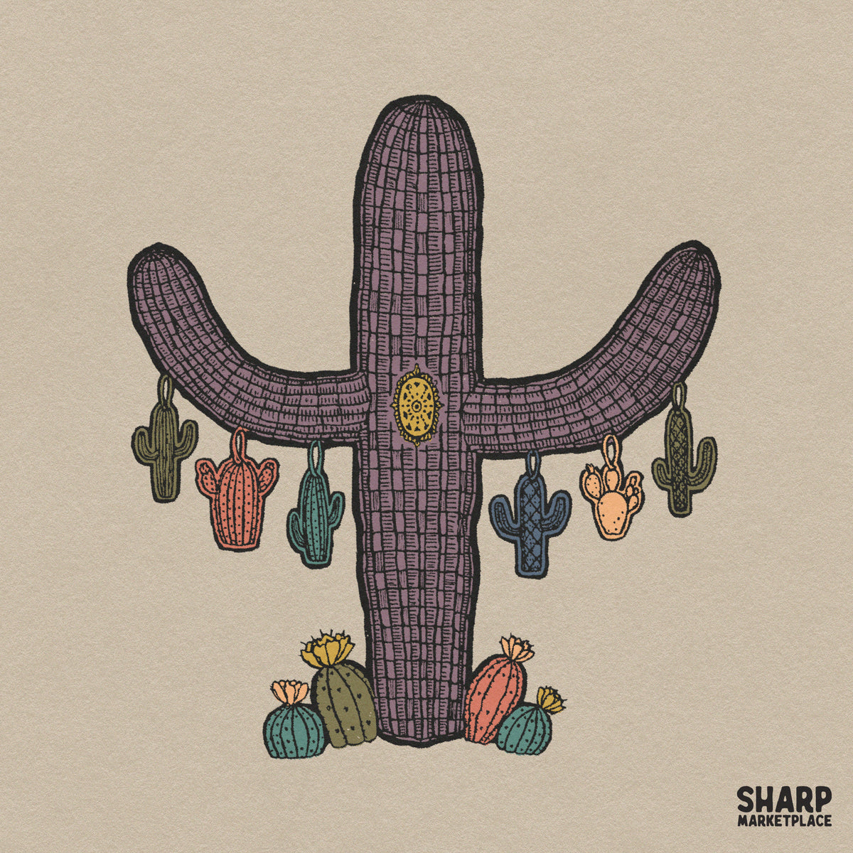 Retro purple desert cactus PNG graphic with vintage boho western plant illustration for sublimation
