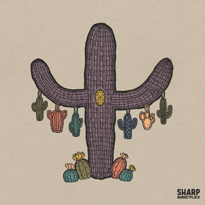 Retro purple desert cactus PNG graphic with vintage boho western plant illustration for sublimation