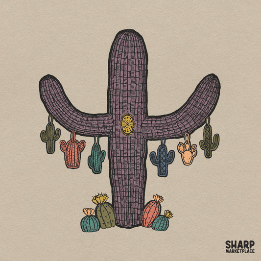 Retro purple desert cactus PNG graphic with vintage boho western plant illustration for sublimation
