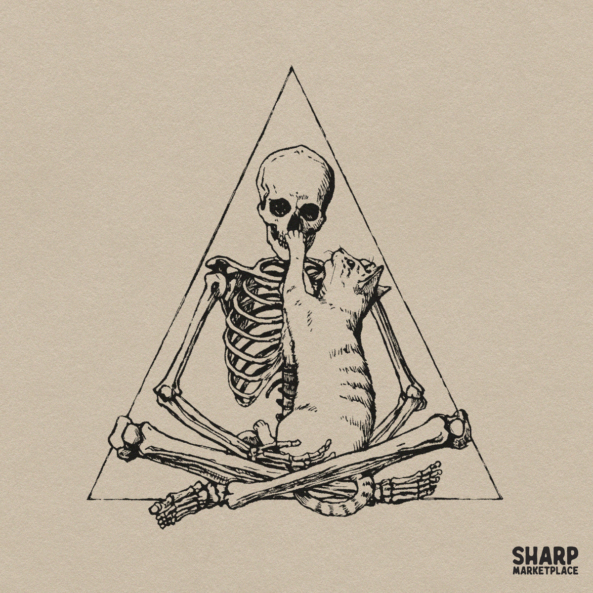 Meditating Skeleton With Cute Cat In Triangle Graphic Tee