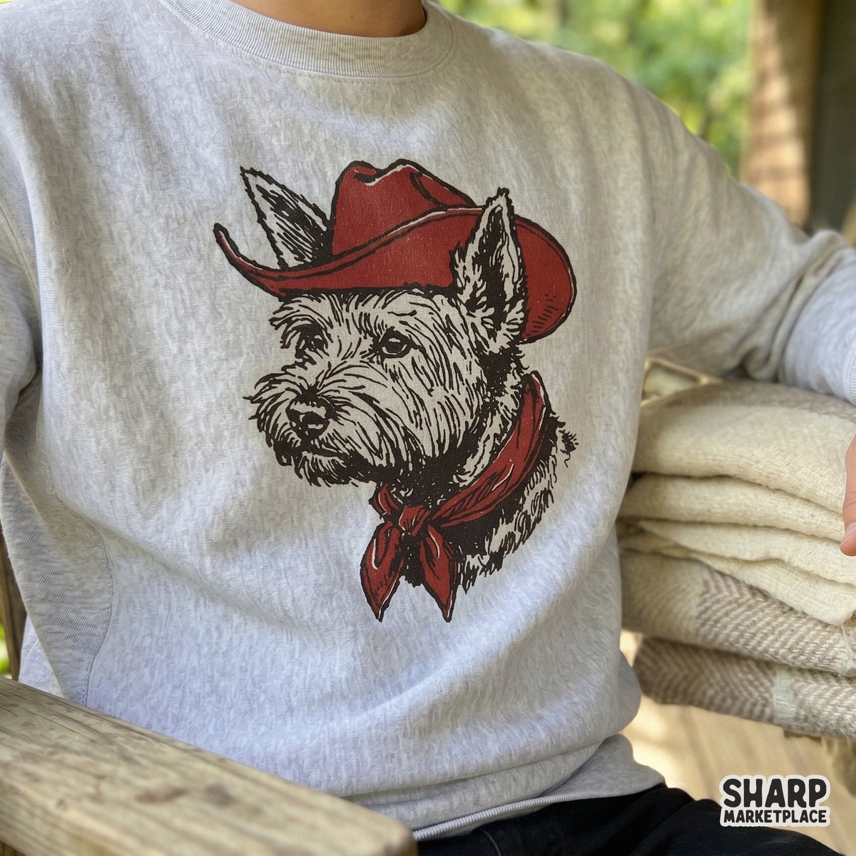 Detailed vintage-style terrier graphic with a red hat and bandana, suitable for sublimation transfers, tumblers, and custom western-themed gifts.