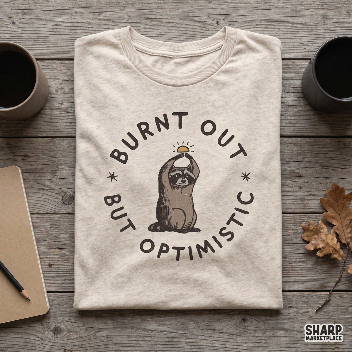 Retro cute raccoon artwork reading Burnt Out But Optimistic for funny t-shirt and apparel digital PNG prints