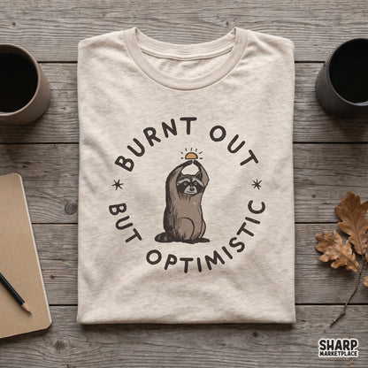 Retro cute raccoon artwork reading Burnt Out But Optimistic for funny t-shirt and apparel digital PNG prints