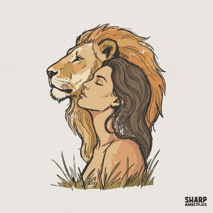 Digital PNG illustration of a woman in profile resting against a majestic lion, featuring warm earthy tones and a grass border for sublimation projects.