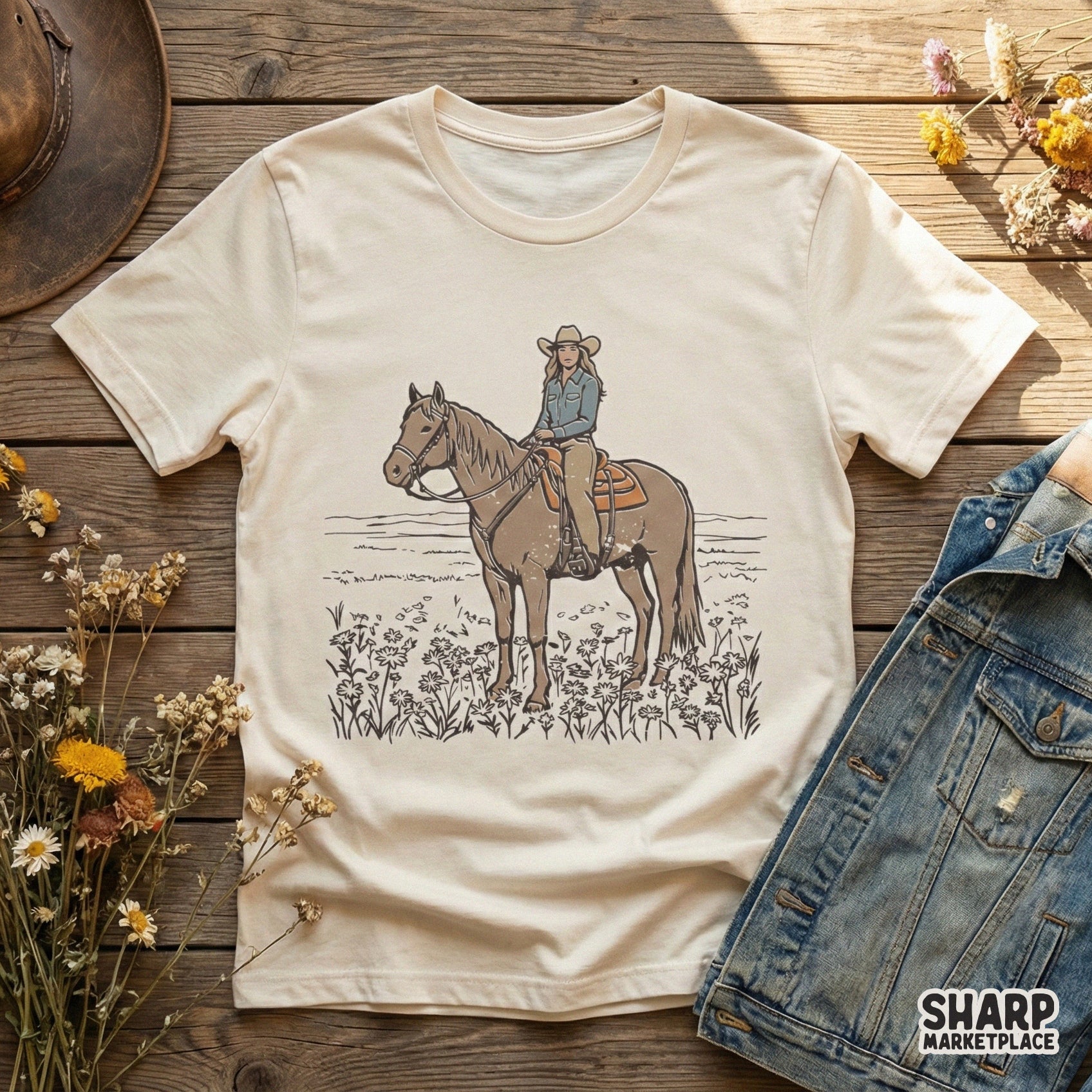Hand-drawn western graphic featuring a woman on horseback in a wildflower meadow, perfect for sublimation printing on t-shirts or farmhouse decor.