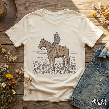 Hand-drawn western graphic featuring a woman on horseback in a wildflower meadow, perfect for sublimation printing on t-shirts or farmhouse decor.