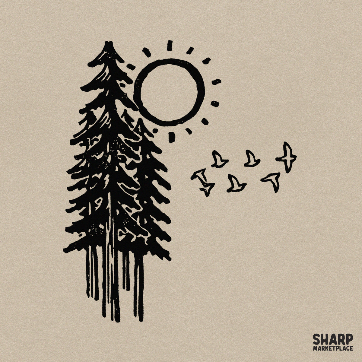 Rustic pine tree in morning sun with flying birds linocut art retro sublimation PNG graphic for t-shirts