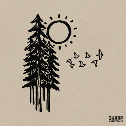 Rustic pine tree in morning sun with flying birds linocut art retro sublimation PNG graphic for t-shirts