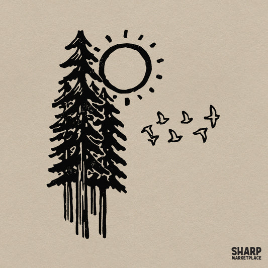 Rustic pine tree in morning sun with flying birds linocut art retro sublimation PNG graphic for t-shirts