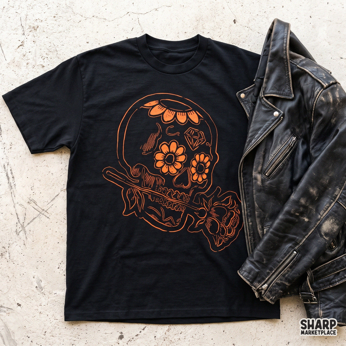 Vintage line art calavera skull with orange flowers, Halloween PNG sublimation design for shirts and tumblers