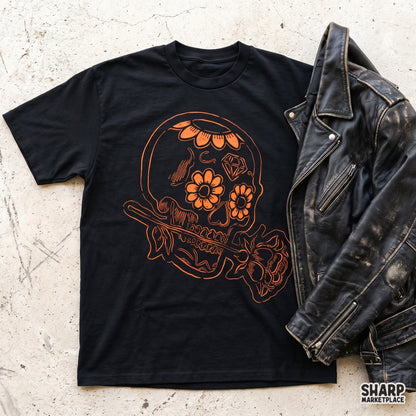 Vintage line art calavera skull with orange flowers, Halloween PNG sublimation design for shirts and tumblers