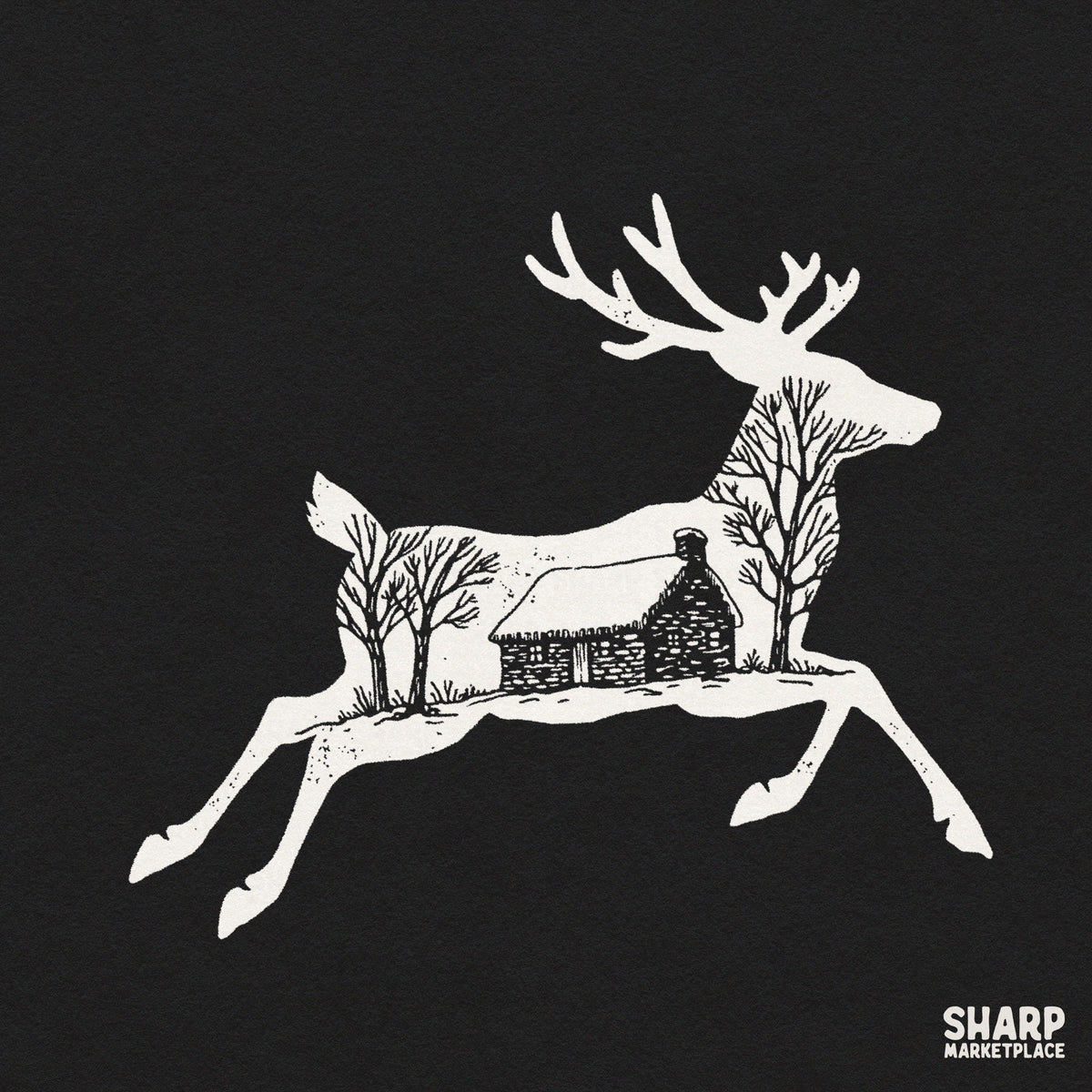 Rustic winter cabin and deer silhouette PNG design for cozy Christmas shirt sublimation