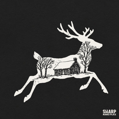 Rustic winter cabin and deer silhouette PNG design for cozy Christmas shirt sublimation