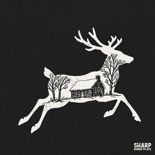 Rustic winter cabin and deer silhouette PNG design for cozy Christmas shirt sublimation
