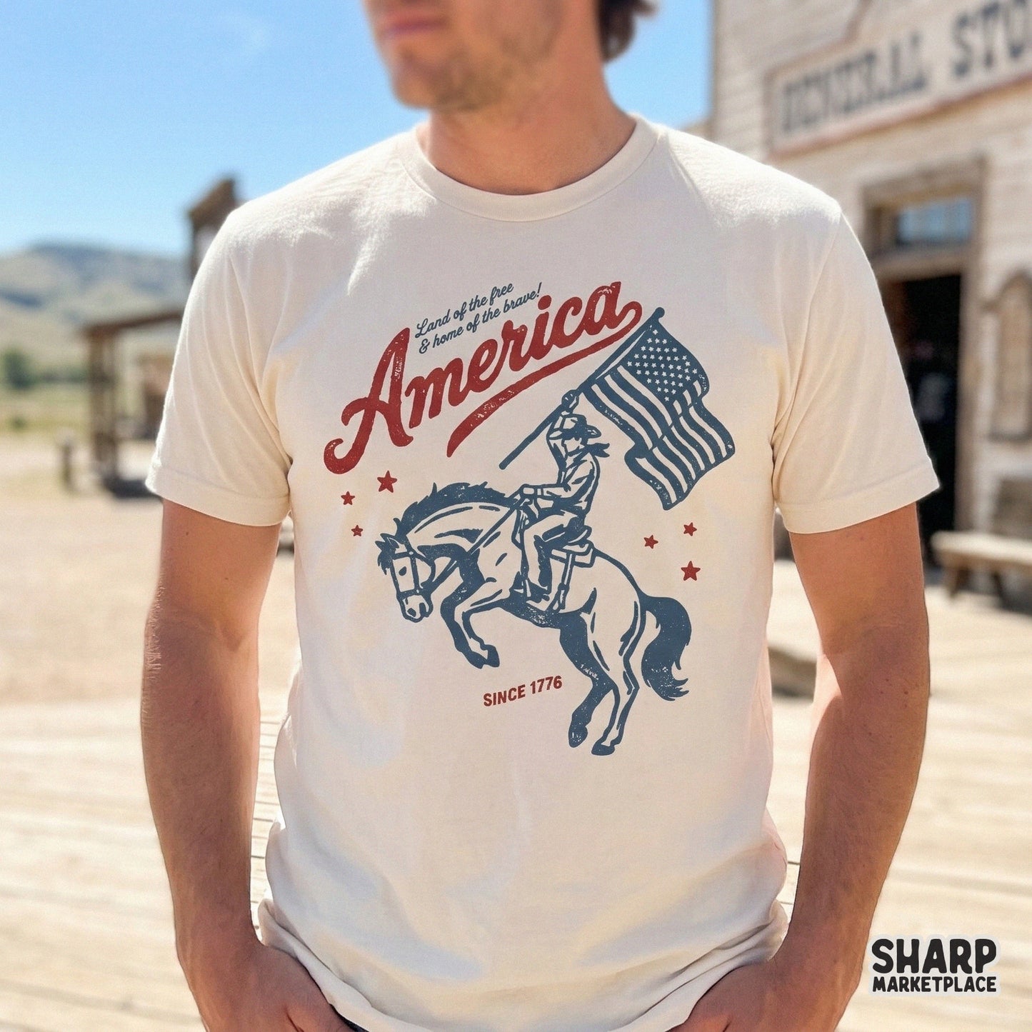 Retro western sublimation design with a cowboy and flag, perfect for creating custom patriotic t-shirts, tumblers, and DIY holiday home decor projects.