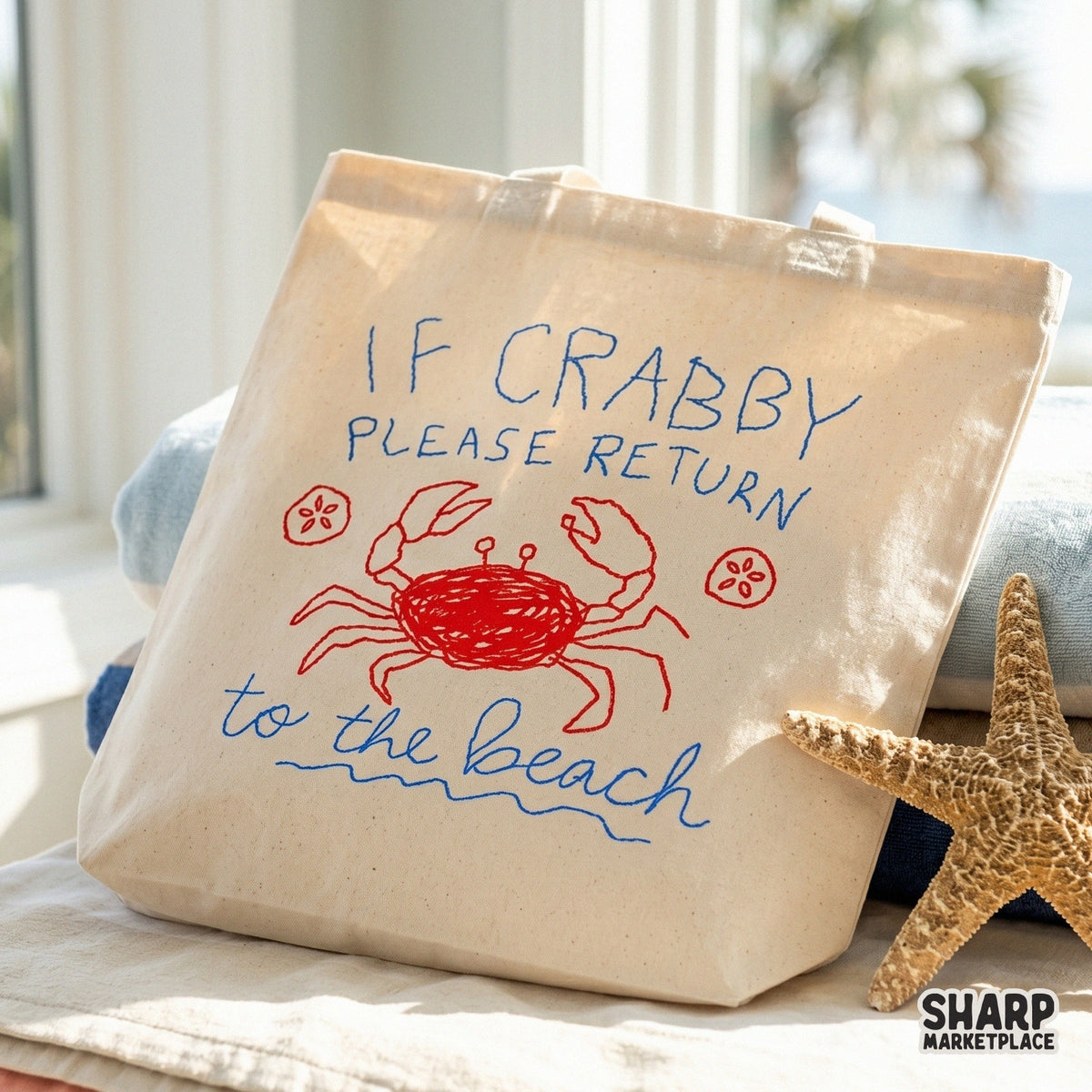 Tote bag featuring a playful red crab doodle and blue typography that says If Crabby Please Return To The Beach, perfect for summer coastal apparel.