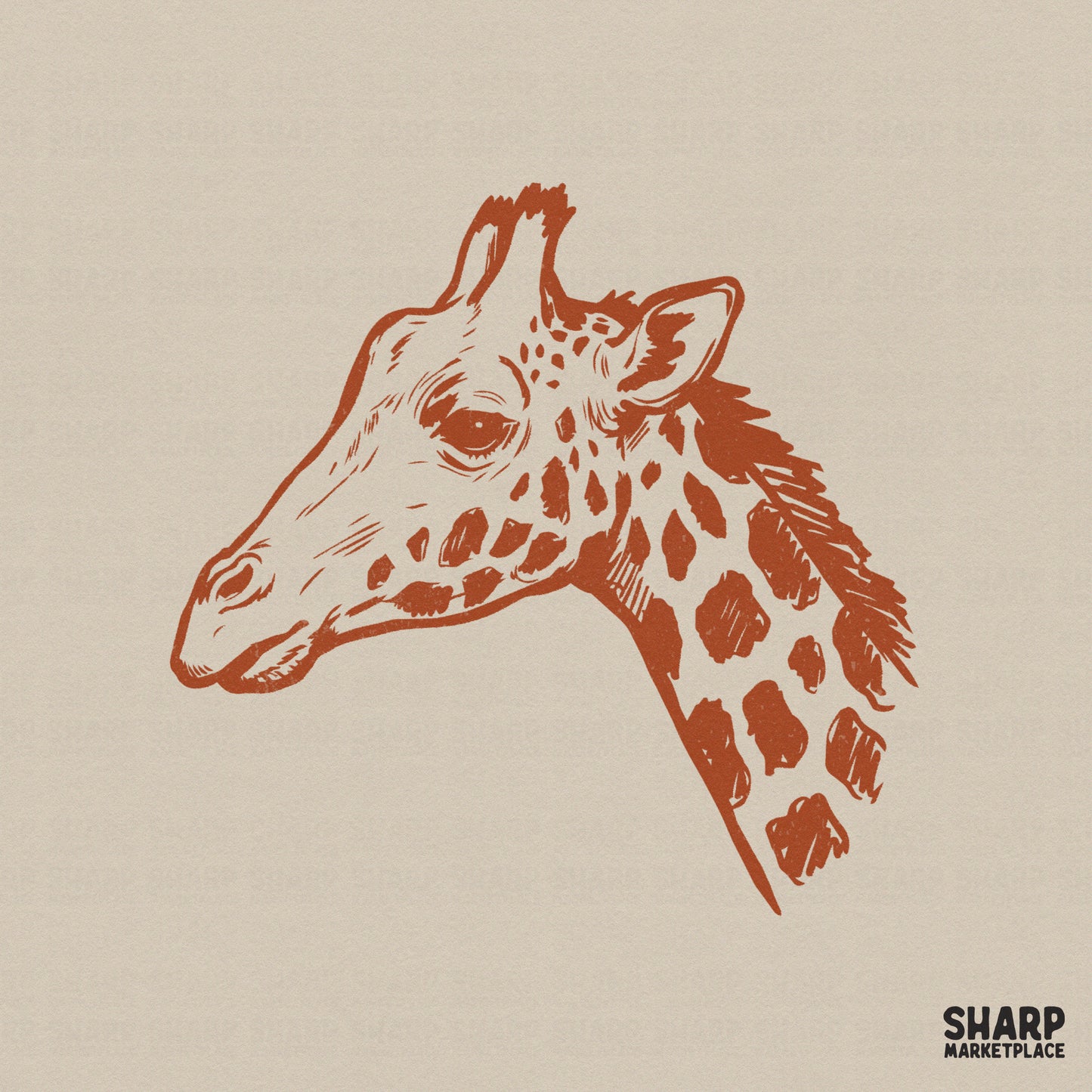 Rust-colored minimal giraffe head sketch with a retro hand-drawn aesthetic, perfect for safari-themed shirts and wildlife-inspired sublimation projects.