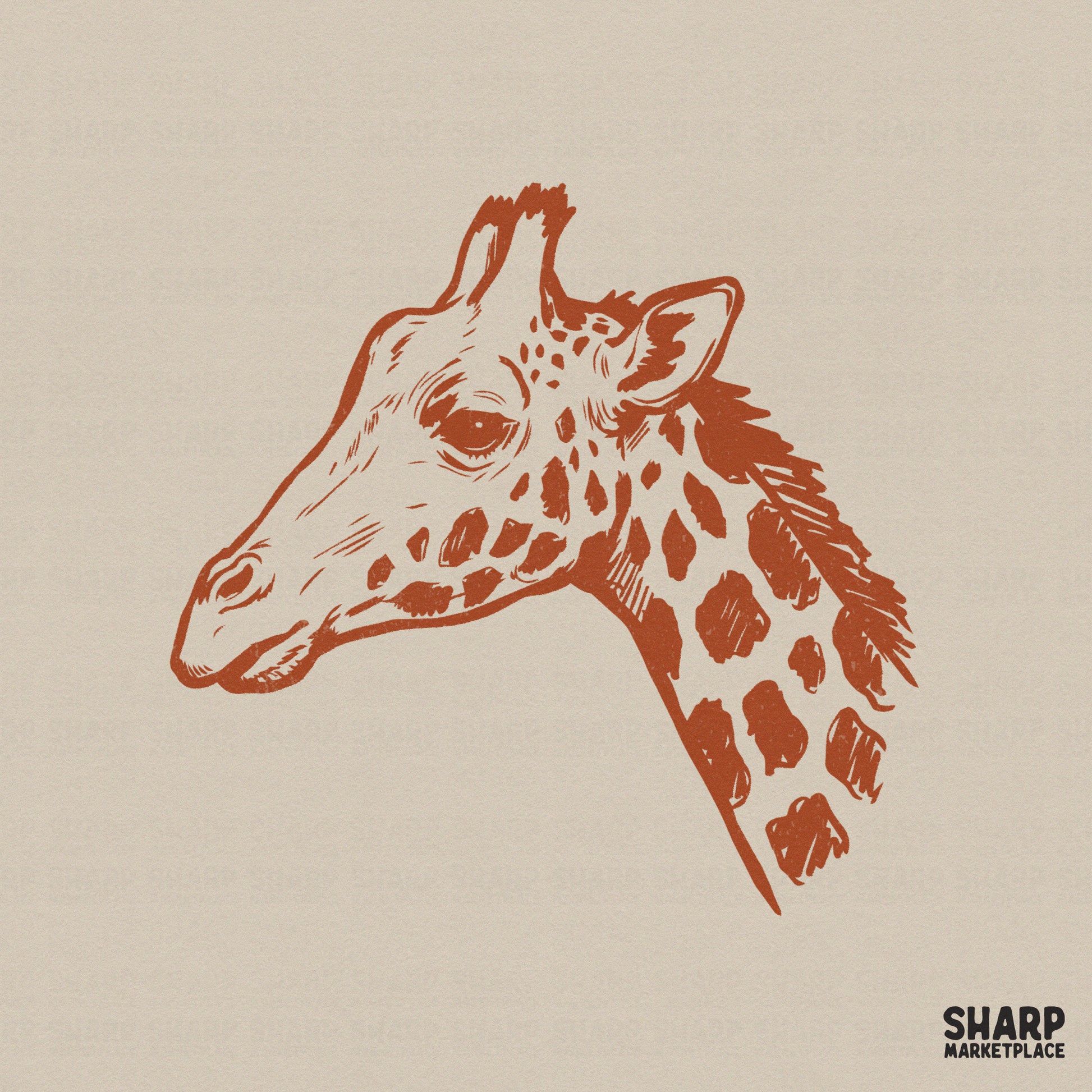 Rust-colored minimal giraffe head sketch with a retro hand-drawn aesthetic, perfect for safari-themed shirts and wildlife-inspired sublimation projects.