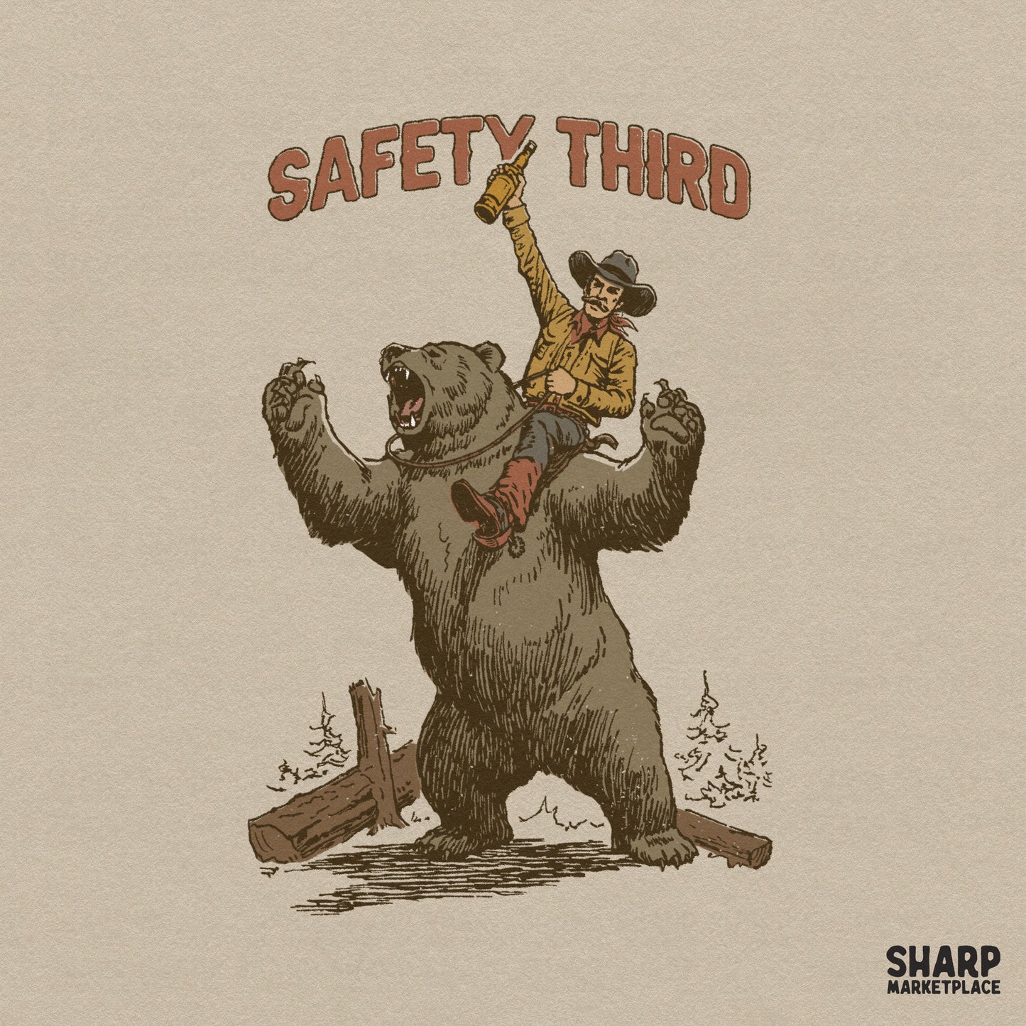 Funny retro cowboy riding a bear with Safety Third text for western animal meme sublimation shirts and camping gear digital PNG
